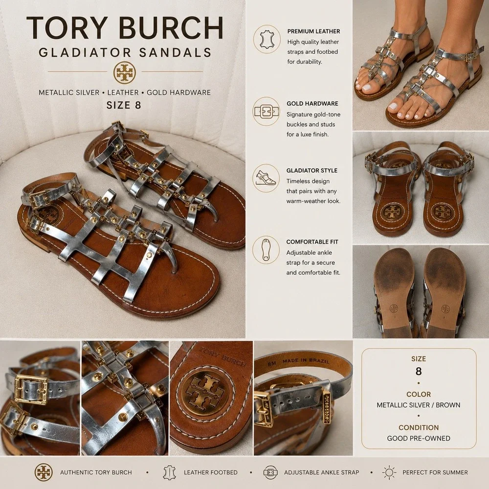 Tory Burch Metallic Silver Leather Gladiator Sandals Gold Hardware Womens Size 8